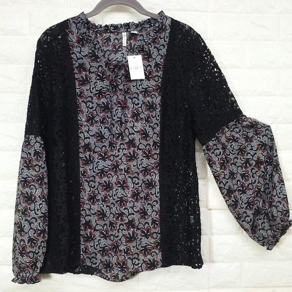 NWT CATO Boho tunic top Sz-L Black lace ruffles - Picture 2 of 12